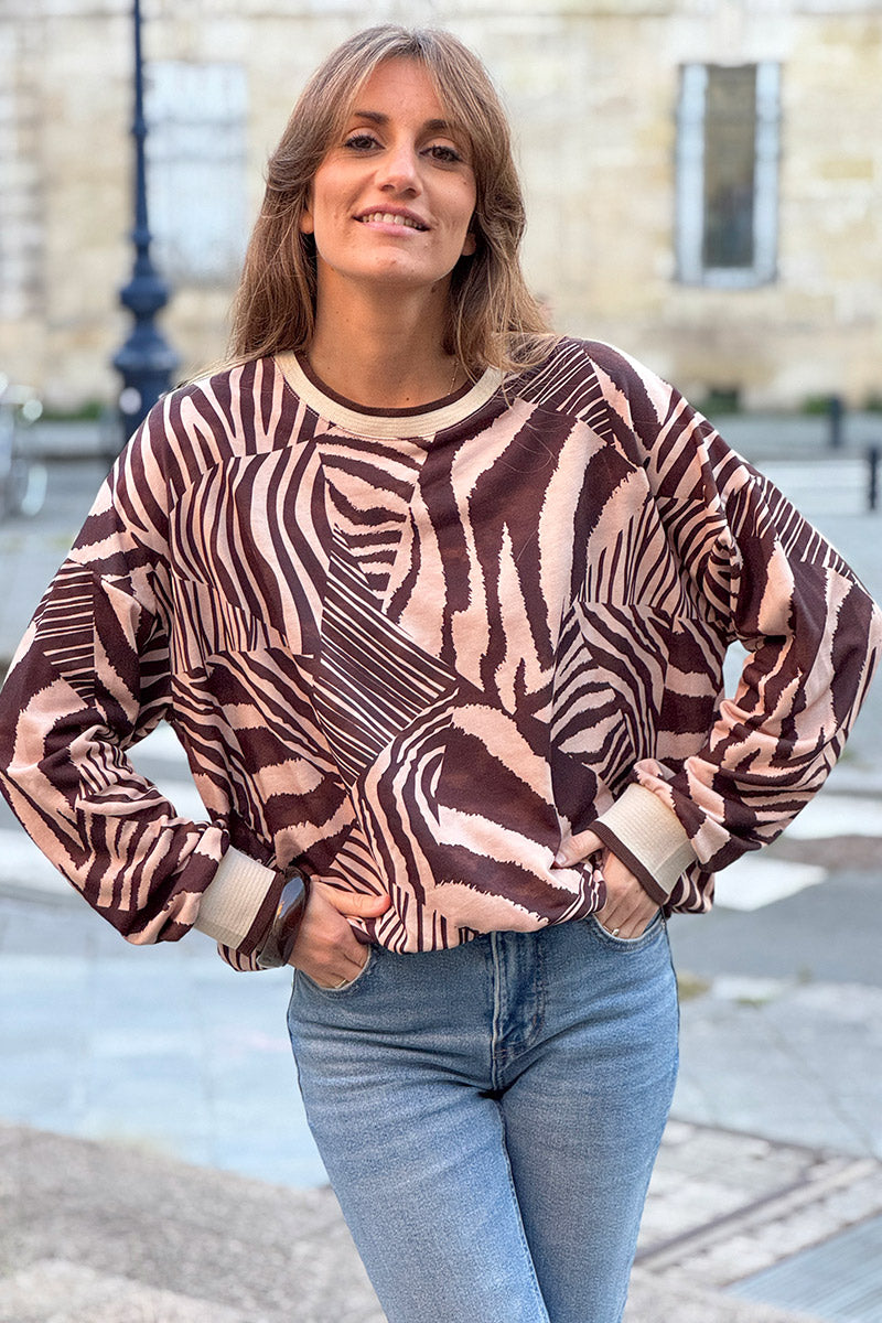 Sweat confort imprimé graphique zèbre marron