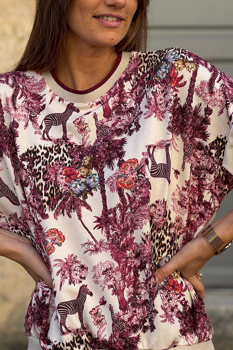 Sweat confort imprimé jungle aubergine