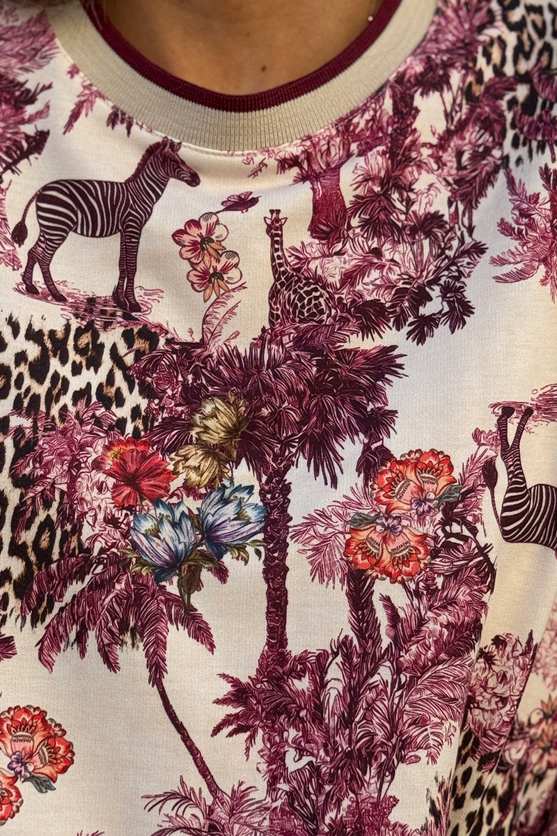 Sweat confort imprimé jungle aubergine