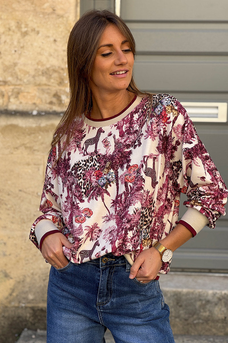 Sweat confort imprimé jungle aubergine