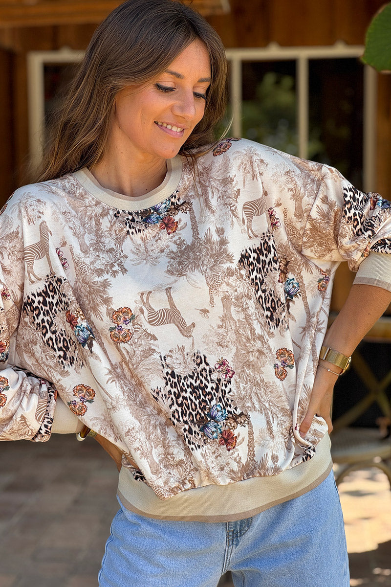 Sweat confort imprimé jungle beige