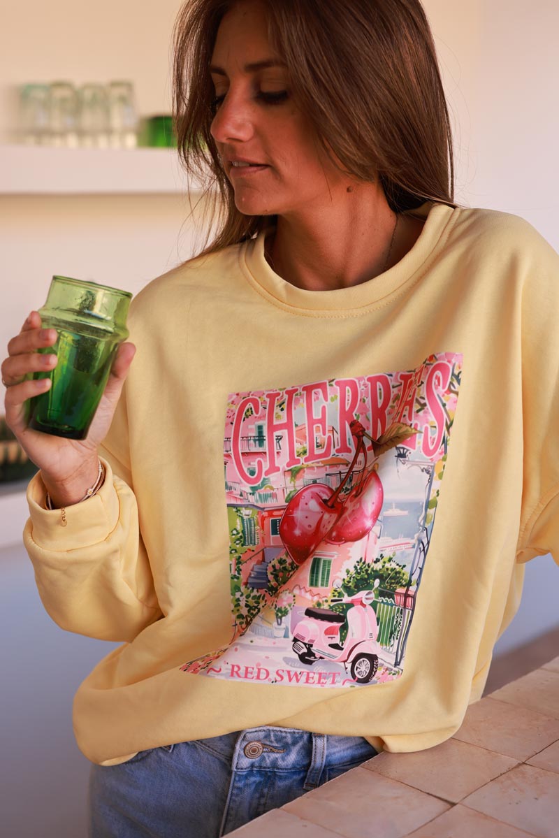 Sweat confort jaune pâle sérigraphie Cherry Italie Vespa