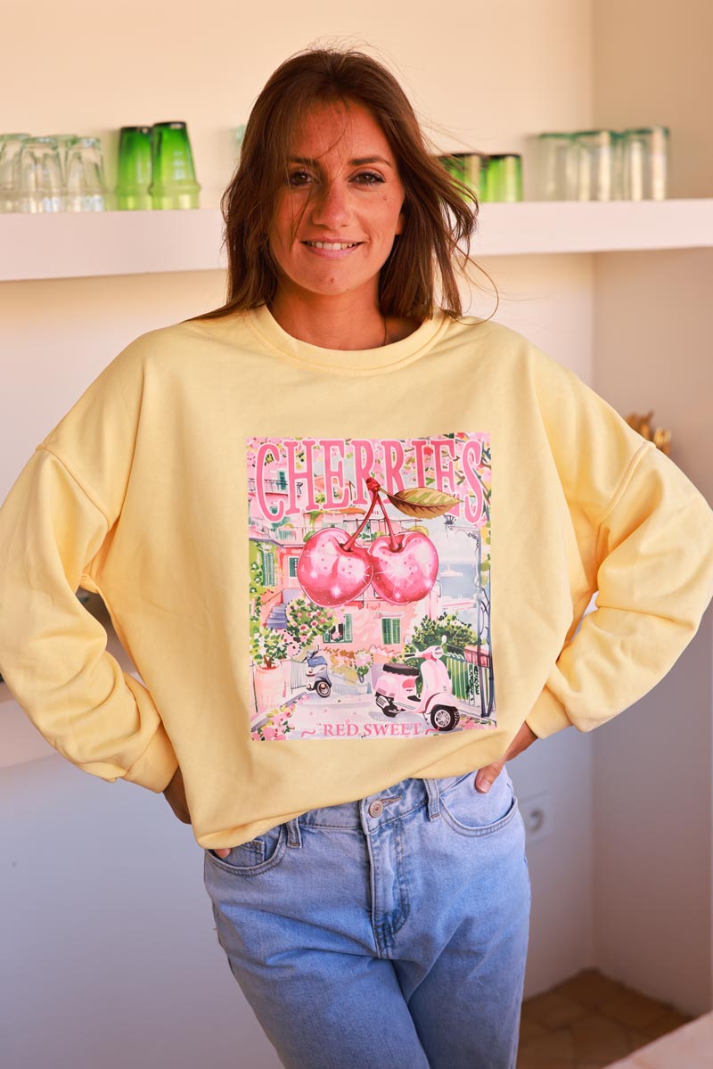 Sweat confort jaune pâle sérigraphie Cherry Italie Vespa