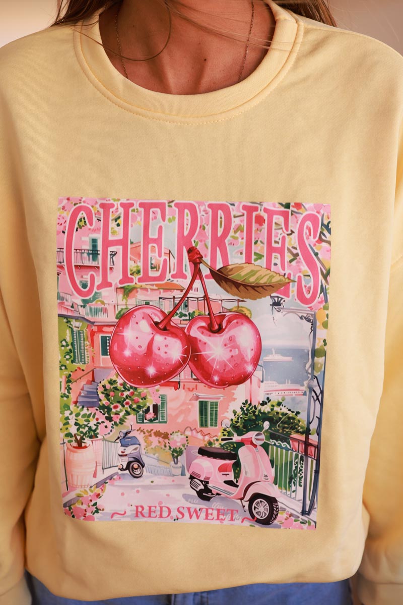 Sweat confort jaune pâle sérigraphie Cherry Italie Vespa