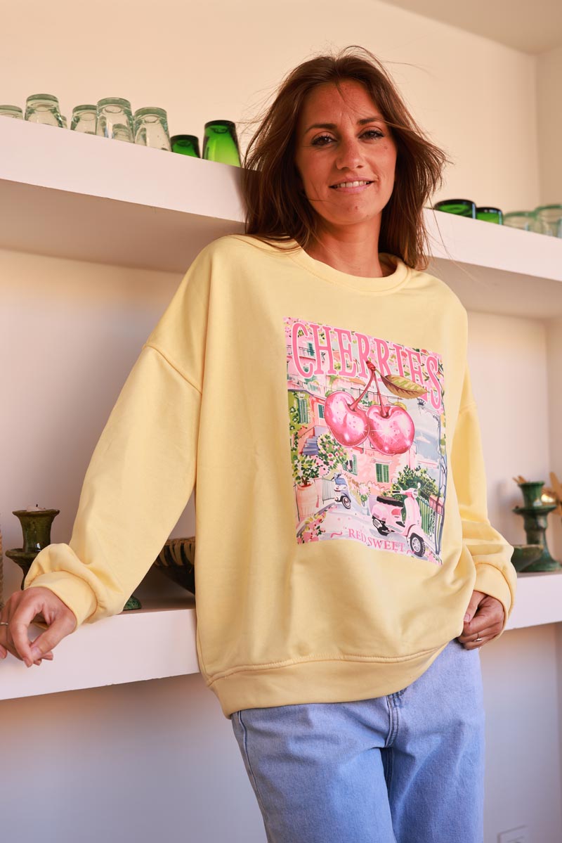 Sweat confort jaune pâle sérigraphie Cherry Italie Vespa