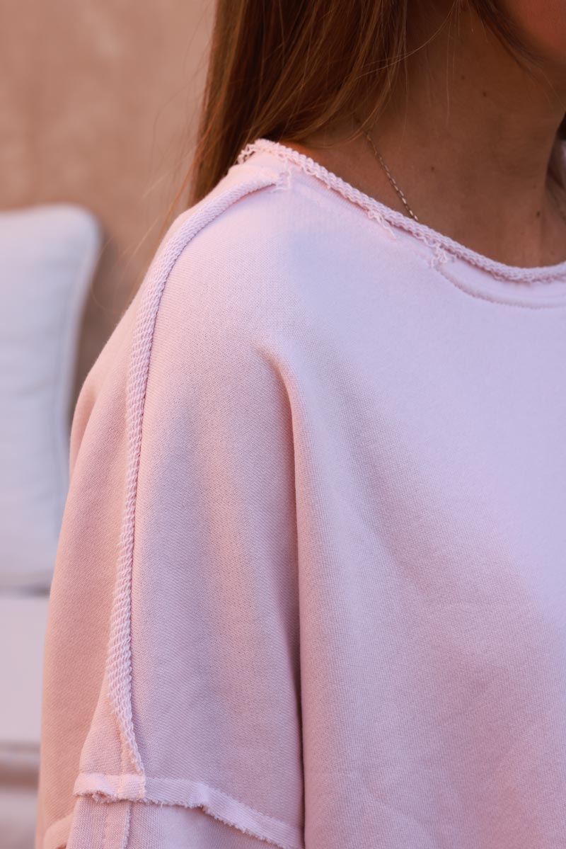 Sweat confort rose pâle manches 3/4 loose détails effilochés coutures apparentes