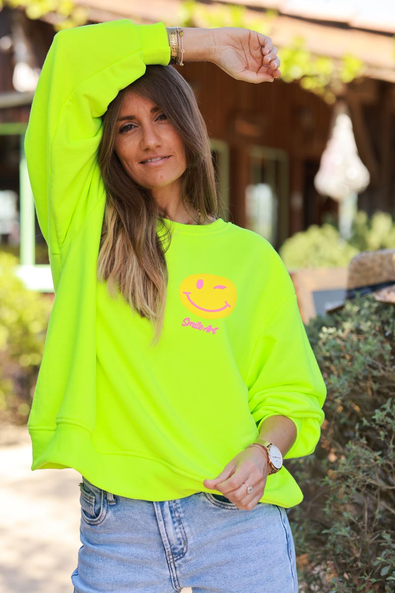 Neon Yellow “WHY NOT” Smiley Screen Print Sweater