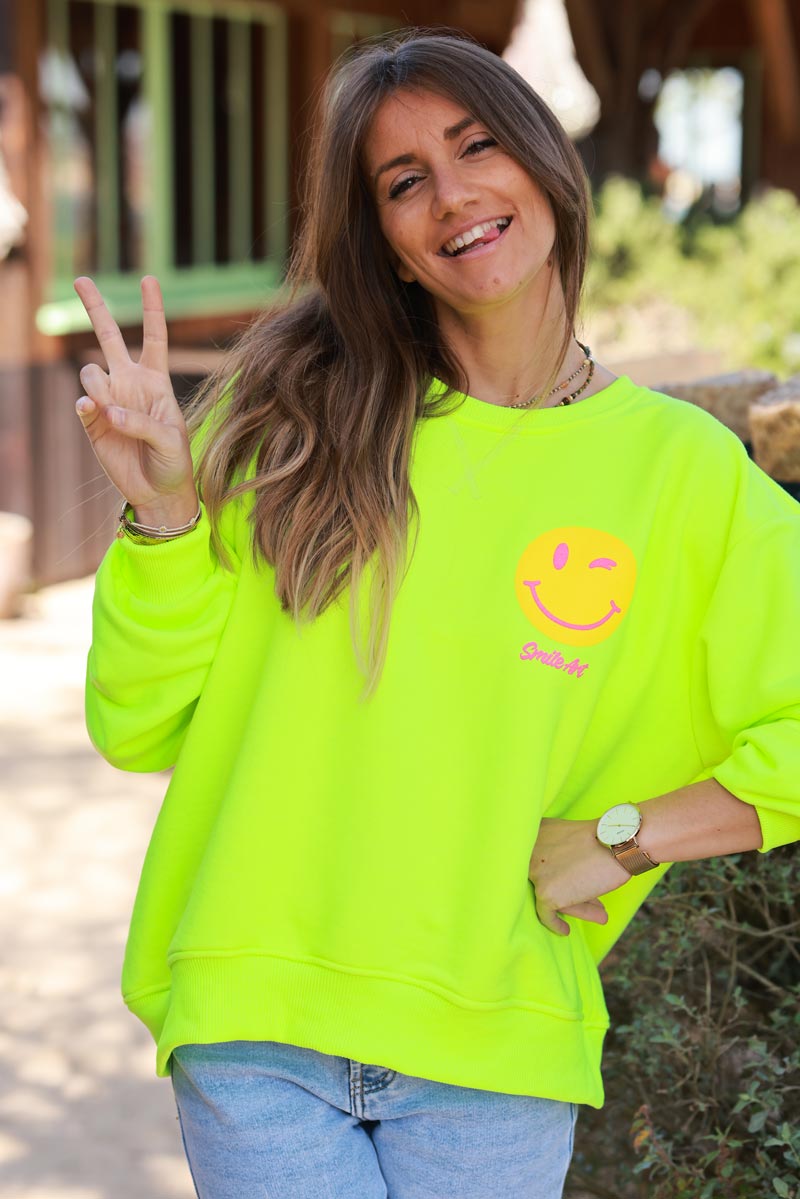 Neon Yellow “WHY NOT” Smiley Screen Print Sweater