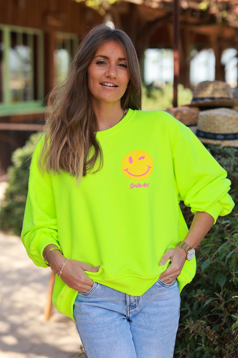 Neon Yellow “WHY NOT” Smiley Screen Print Sweater