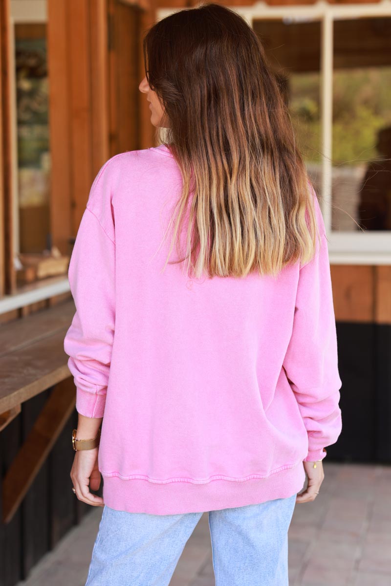 Sweat loose rose délavé imprimé Croissant et message Sundays