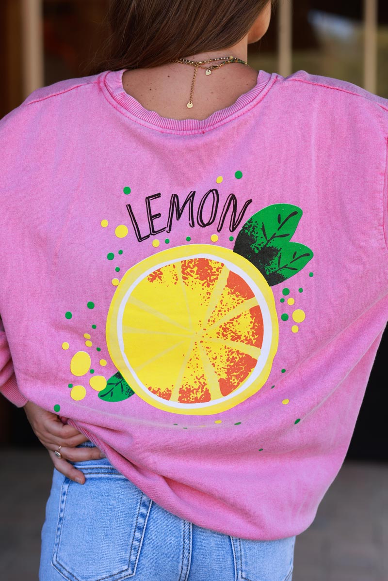 Sweat loose rose délavé inscription lemon devant et gros citron dos
