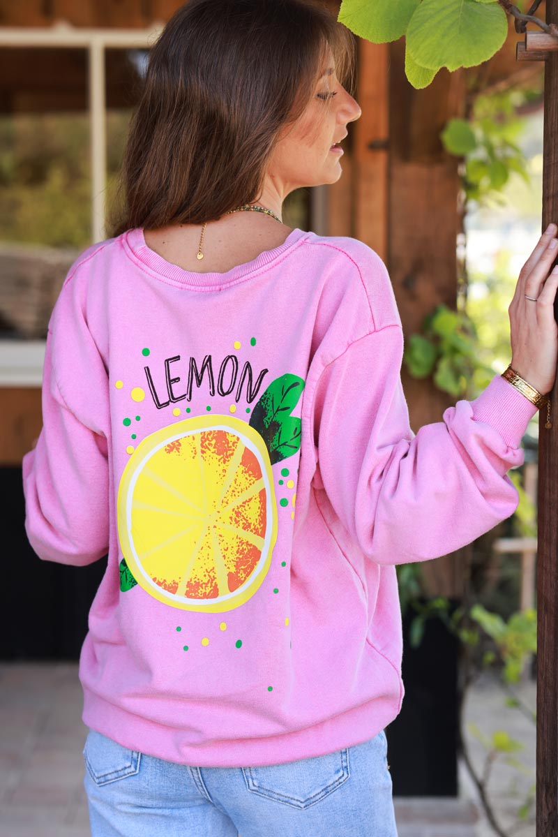Sweat loose rose délavé inscription lemon devant et gros citron dos