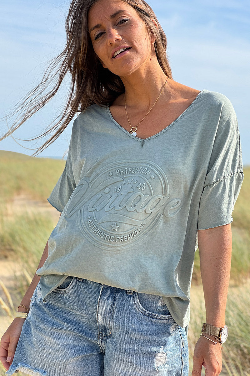 T-shirt kaki loose manches courtes logo vintage relief