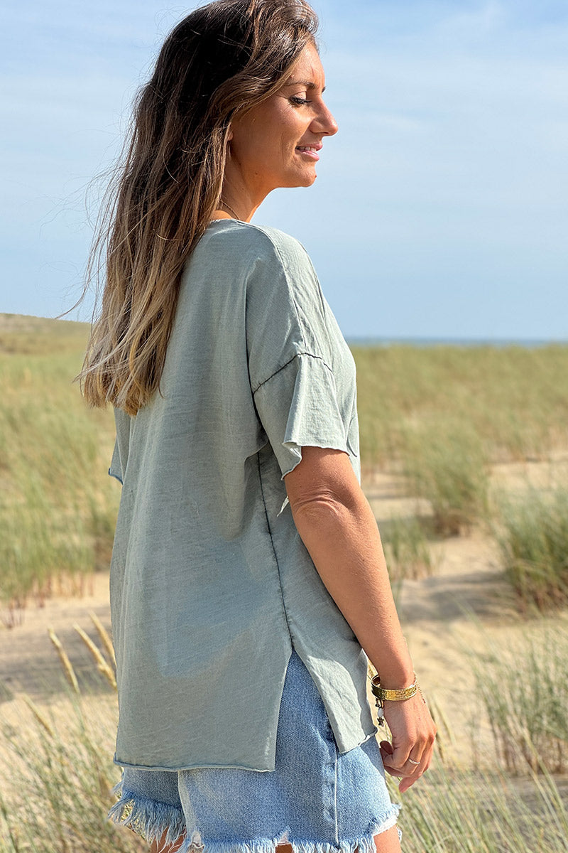T-shirt kaki loose manches courtes logo vintage relief