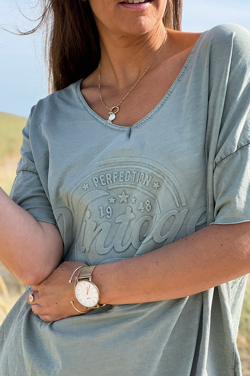 T-shirt kaki loose manches courtes logo vintage relief