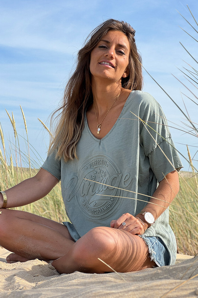 T-shirt kaki loose manches courtes logo vintage relief