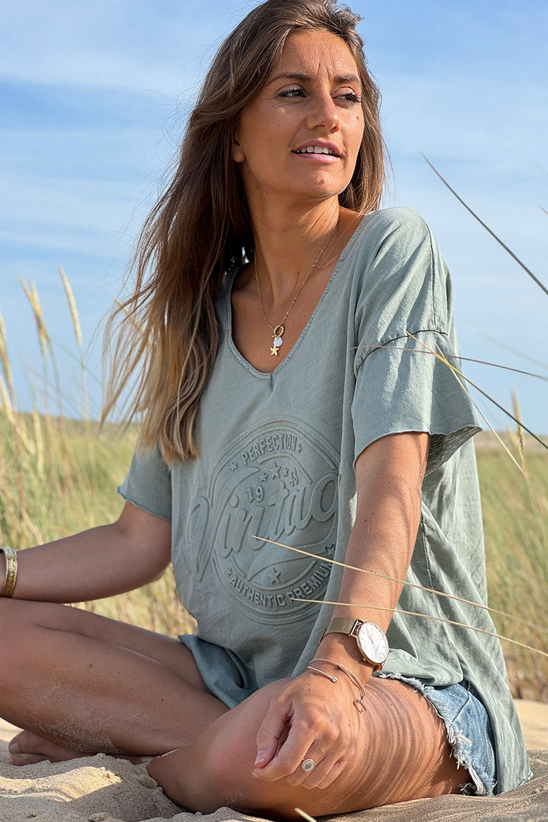 T-shirt kaki loose manches courtes logo vintage relief