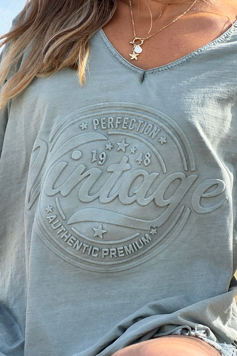 T-shirt kaki loose manches courtes logo vintage relief