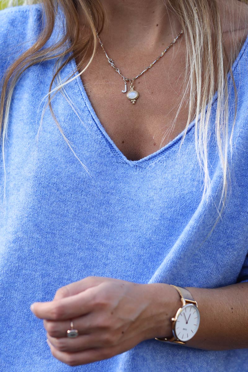 TOP D001 PULL BASIQUE COL V BLEU LAVANDE (1)