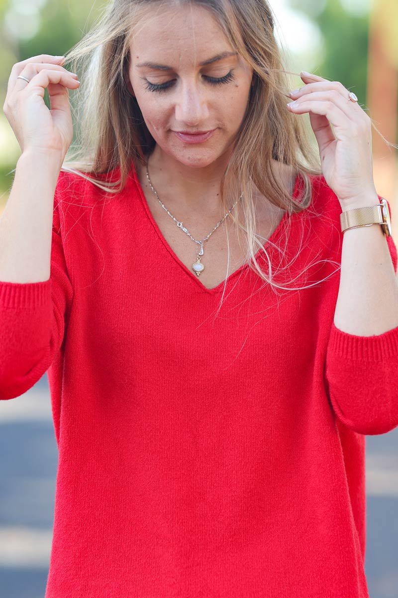 TOP D001 PULL BASIQUE COL V rouge (1)