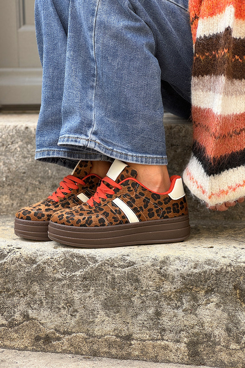 Leopard Faux Fur and Leatherette Sport Stripe Sneakers