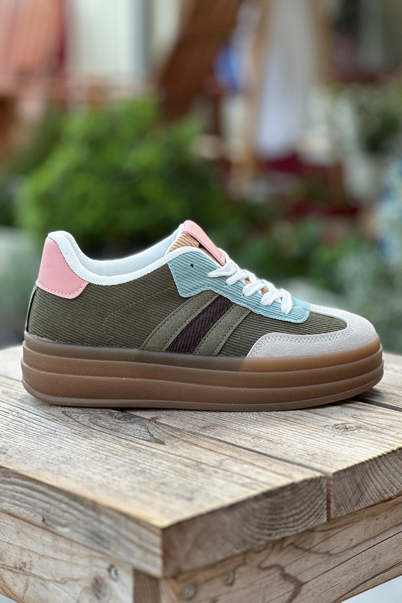 Olive Corduroy Sport Stripe Sneakers