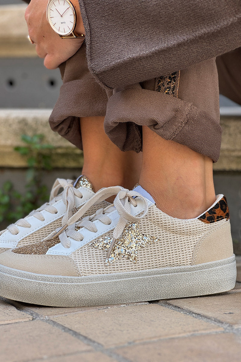 Taupe Burlap and Glitter Sneakers