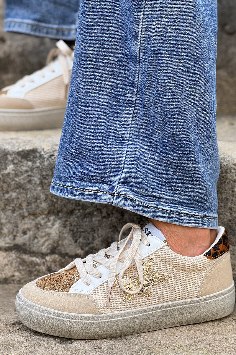 Taupe Burlap and Glitter Sneakers