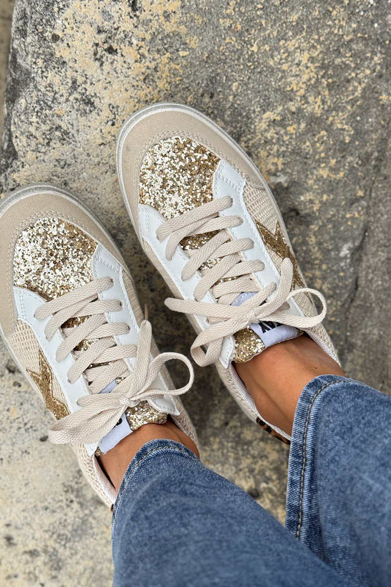Taupe Burlap and Glitter Sneakers