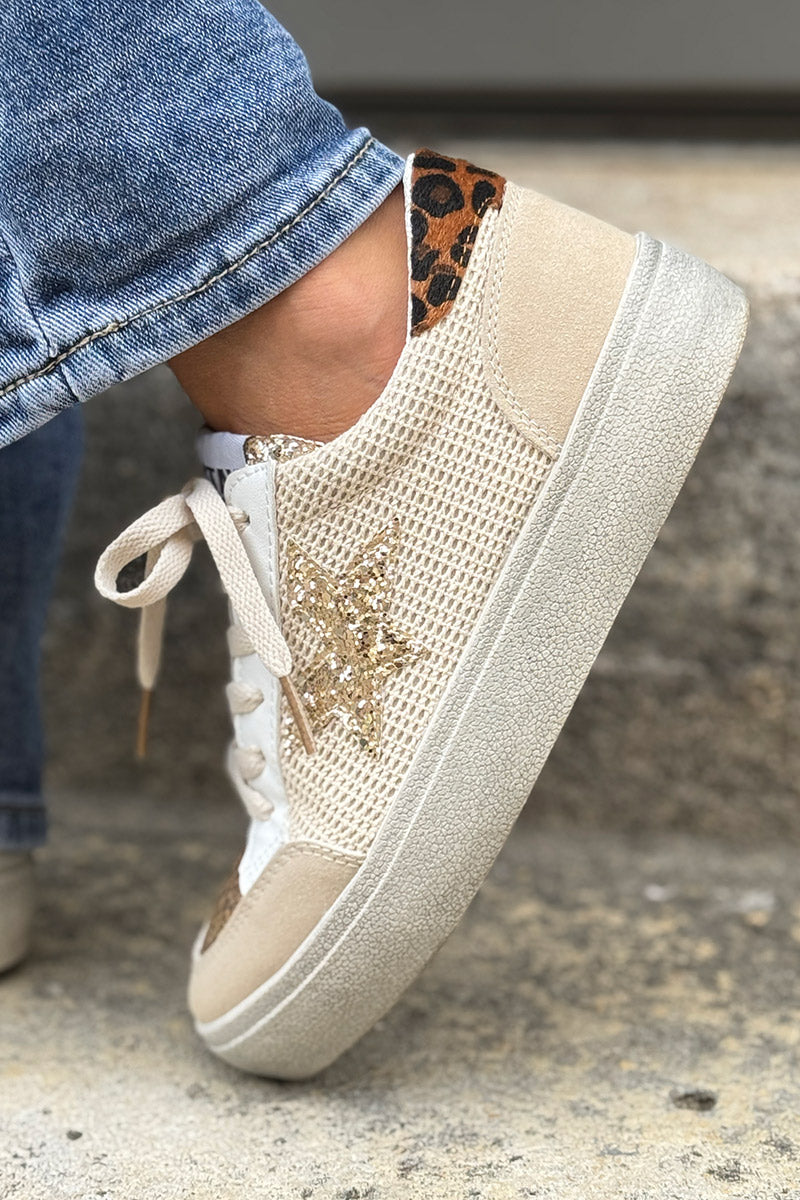 Taupe Burlap and Glitter Sneakers
