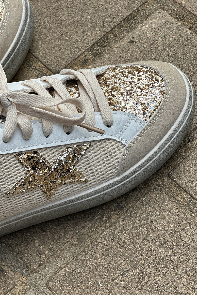 Taupe Burlap and Glitter Sneakers