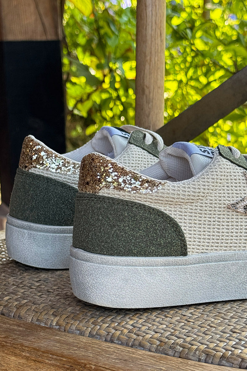 Tennis beige et kaki détail corde et paillettes étoile léopard