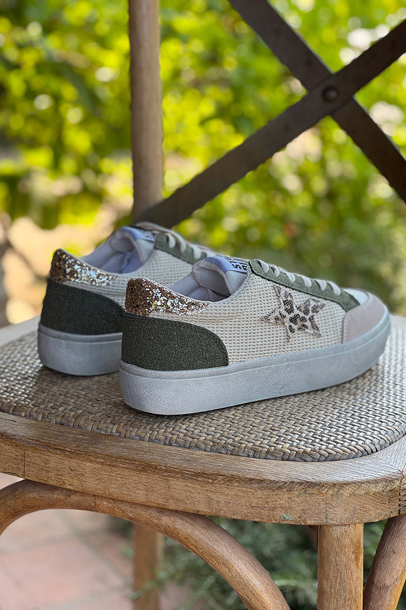 Tennis beige et kaki détail corde et paillettes étoile léopard
