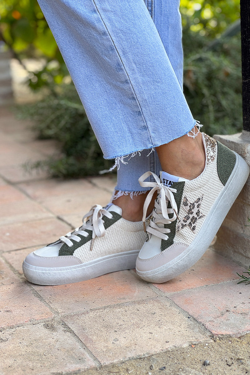 Tennis beige et kaki détail corde et paillettes étoile léopard