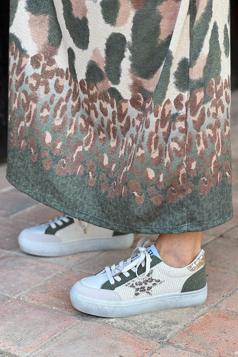 Tennis beige et kaki détail corde et paillettes étoile léopard
