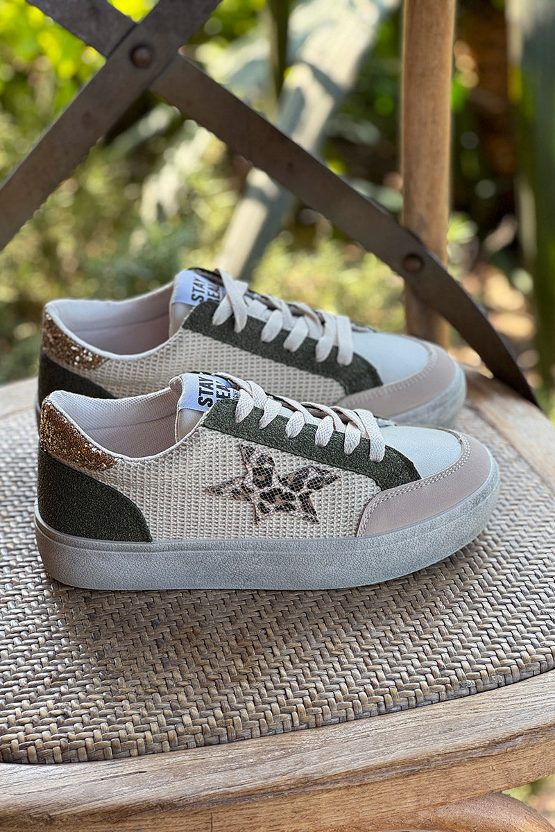 Tennis beige et kaki détail corde et paillettes étoile léopard