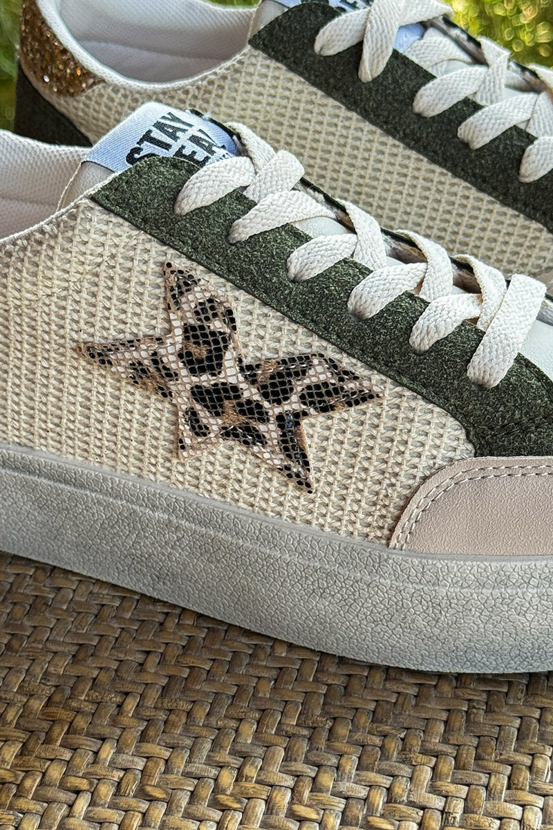Tennis beige et kaki détail corde et paillettes étoile léopard