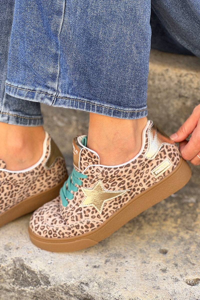 Tennis beige léopard étoile gold et lacets vert