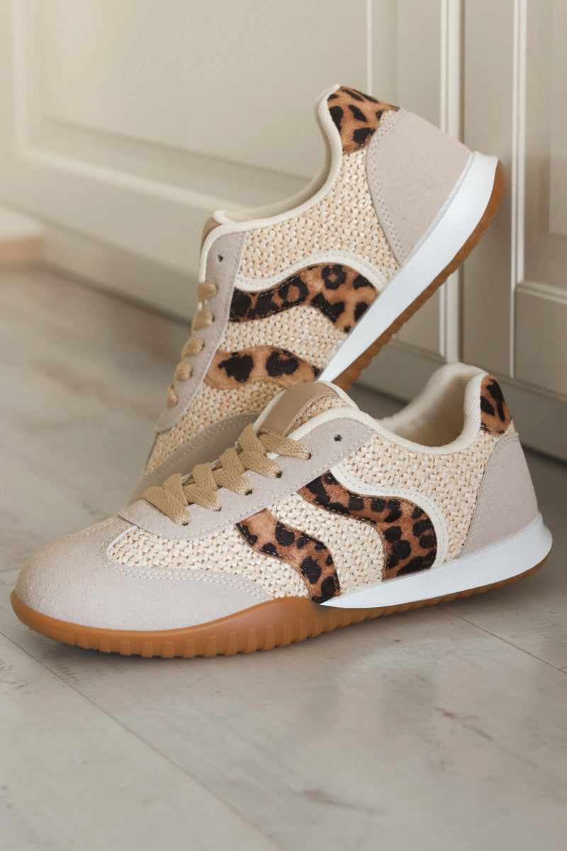 Taupe Rattan and Leopard Sneakers
