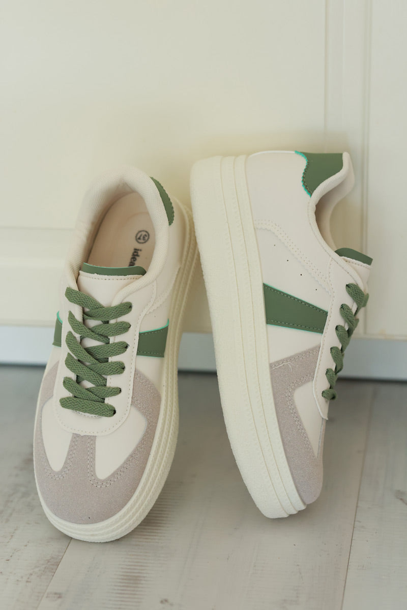 White and Olive Vegan Leather Platform Sneakers