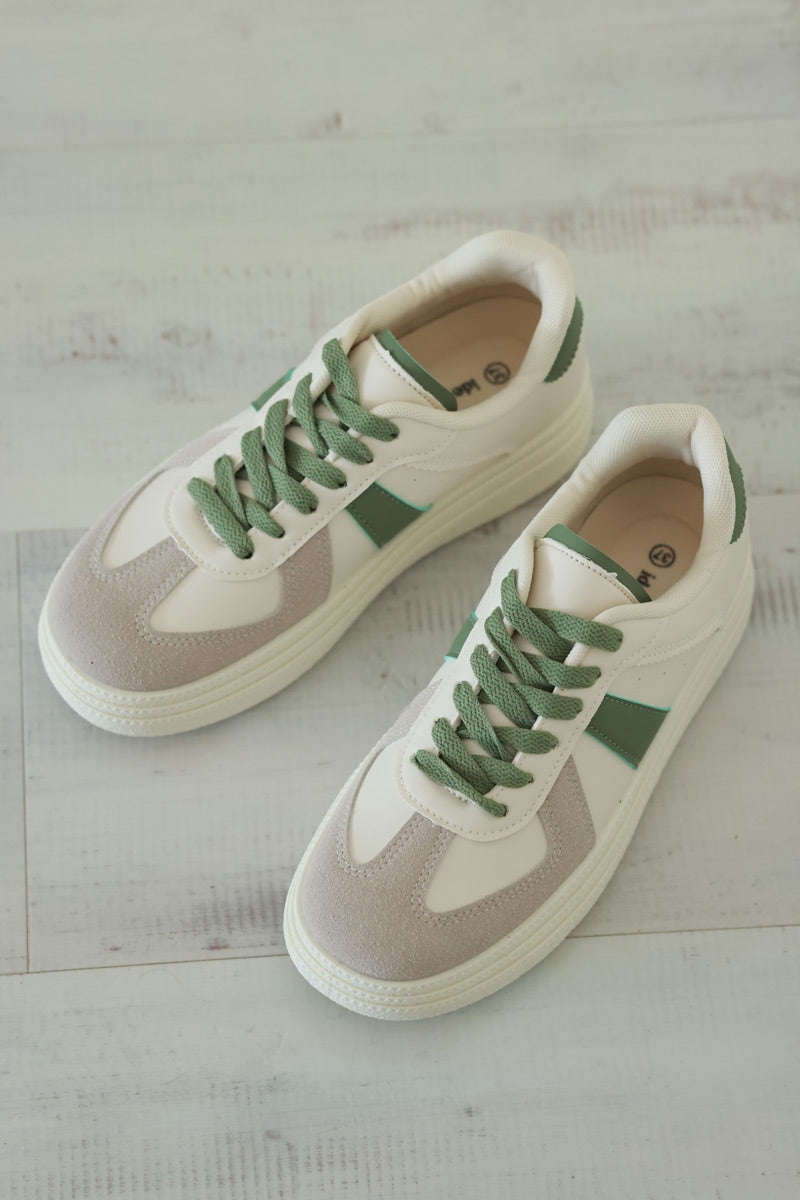 White and Olive Vegan Leather Platform Sneakers
