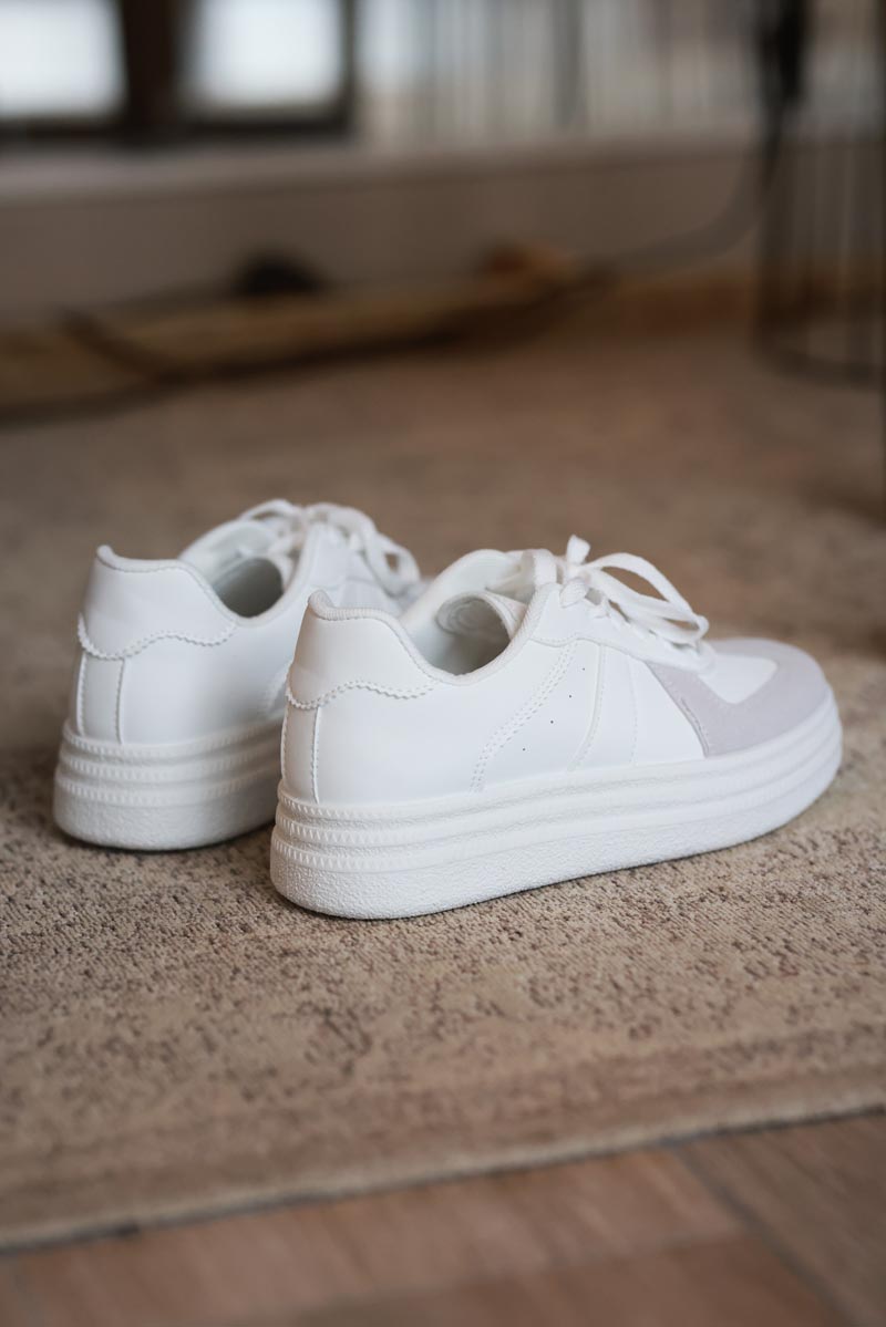 White and Grey Vegan Leather Platform Trainers
