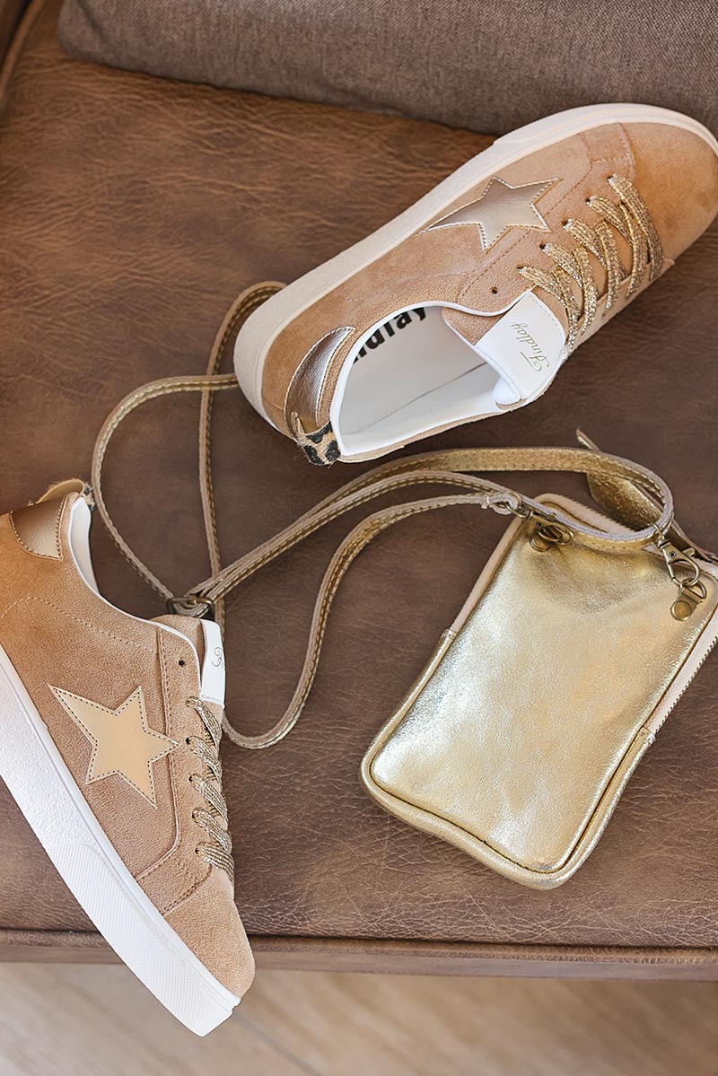 Camel suedette sneakers with metallic gold star