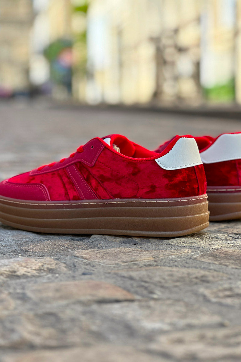 Red Velvet and Suede Sport Stripe Sneakers