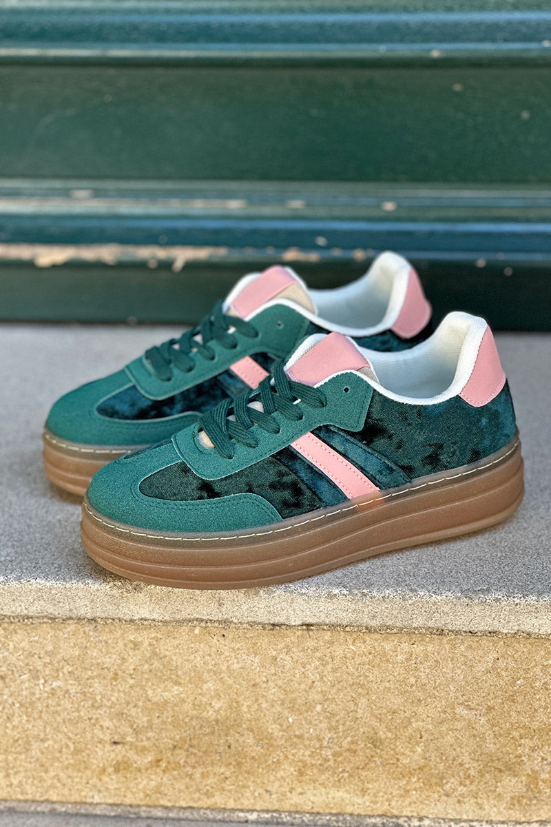 Teal Velvet and Suede Sport Stripe Sneakers