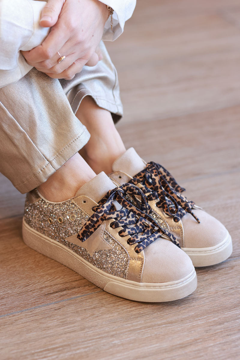 Gold Glitter Star Sneakers with Leopard Laces