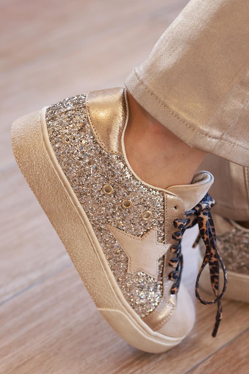 Gold Glitter Star Sneakers with Leopard Laces