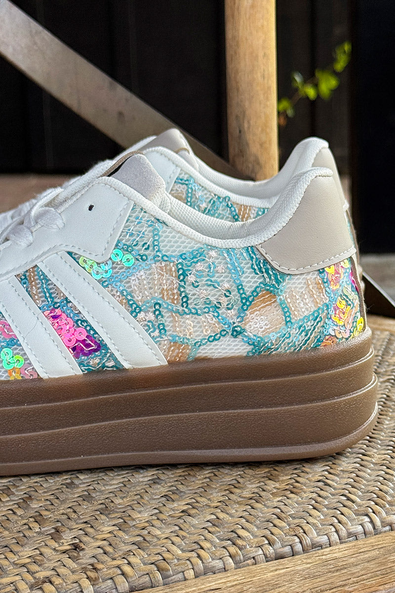 Tennis grises motifs en sequins turquoise et colorés à plateforme rayures blanc