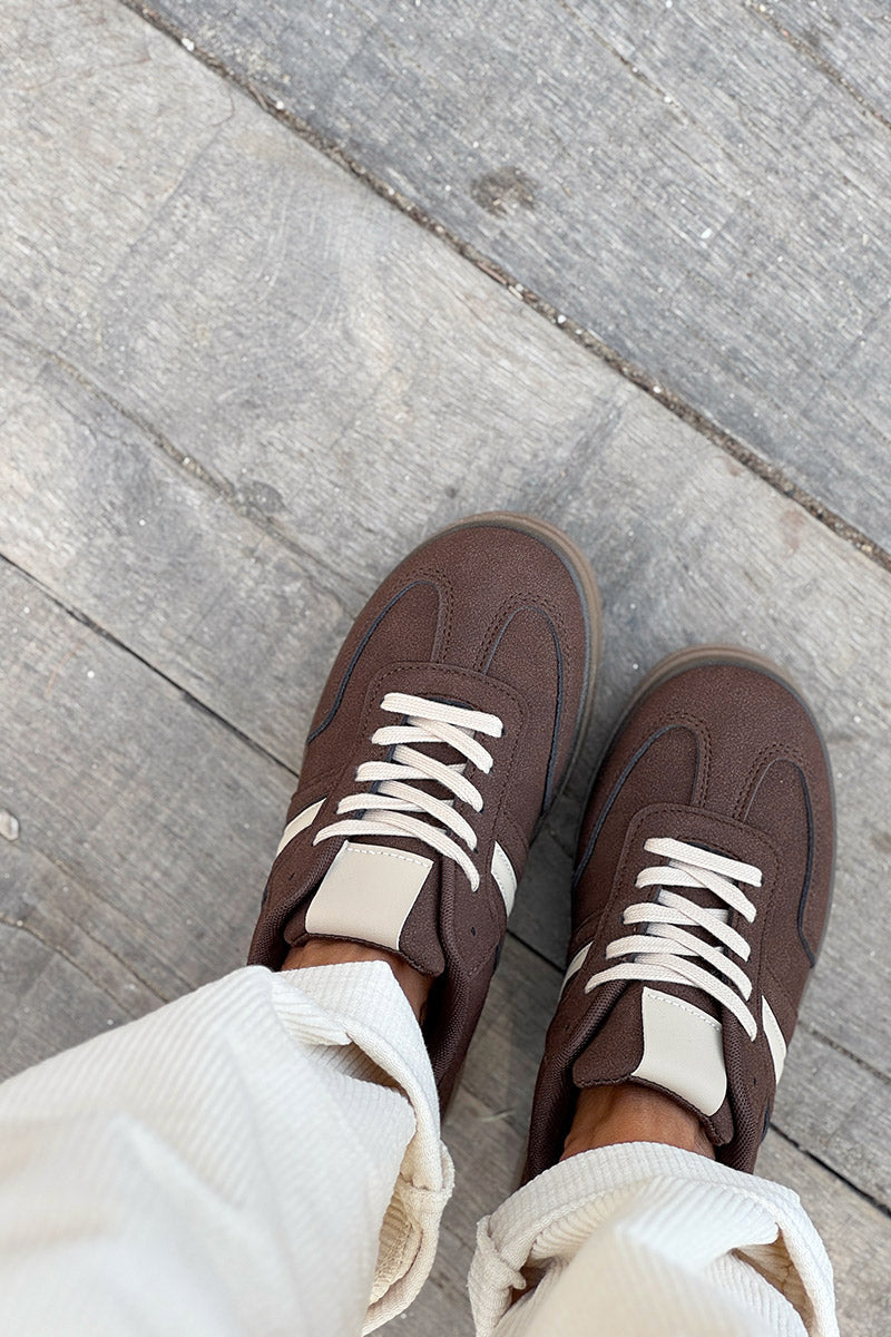 Chocolate Brown Suedette Sport Stripe Sneakers