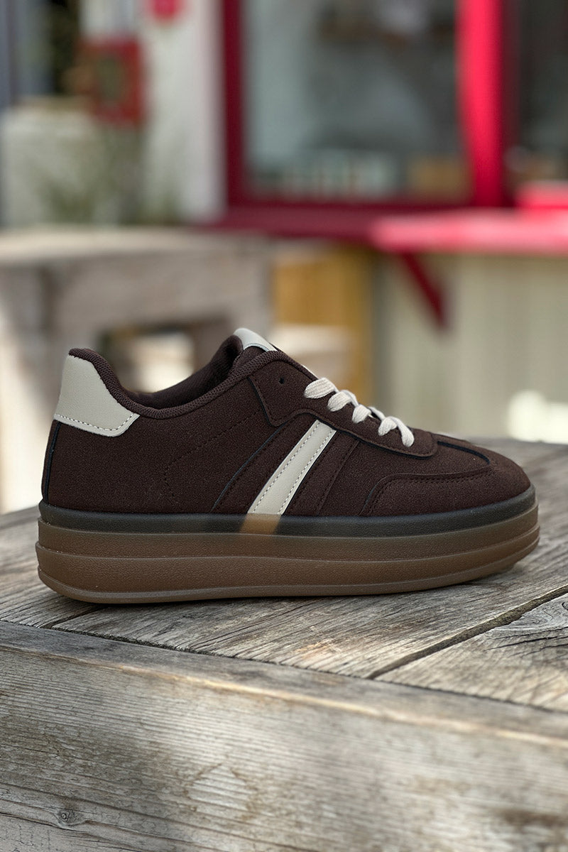 Chocolate Brown Suedette Sport Stripe Sneakers